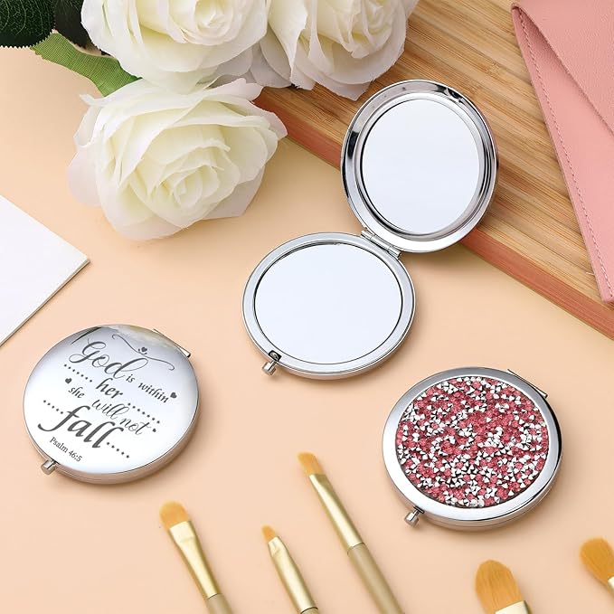 Thyle 12 Pcs Christian Compact Mirror Gifts for Women Bible Verse Bulk Hand Makeup Compact Purse Mirror Inspirational Religious Baptism Gift for Teacher Mother's Day Women Nurse(Pink)