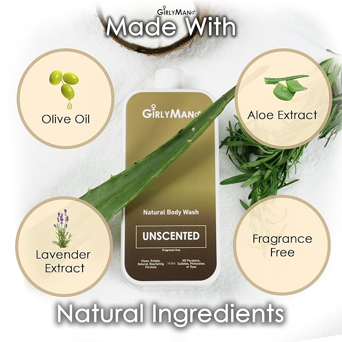 Natural Body Wash - Made with Olive Oil & Aloe Extract, No Artificial Fragrance, PH Balanced, Gentle Formula, Nourishing Ingredients, Family Owned (Unscented)