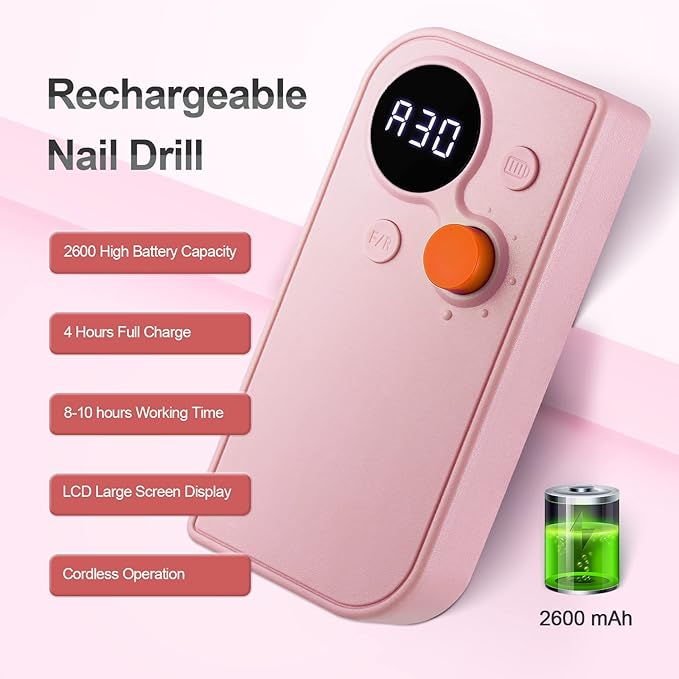 Professional Portable Nail Drill, 30000RPM Rechargeable Electric Nail File Machine Cordless E File Machine Set for Acrylic Nails for Remove Gel Polish Nail for Home & Salon Use,Pink