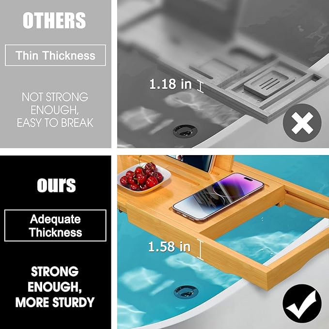 Premium Bathtub Caddy Tray,Expandable Bamboo Bath Tray for Tub,Foldable Minimalist Bathroom Accessories with Book Stand for Home Spa Relaxing,Unique House Warming Gifts,Natural