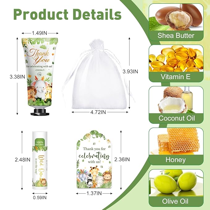50 Pack Bulk Hand Cream and Bulk Lip Balm Gifts Sets, Baby Shower Favors and Bridal Shower Favors for Guests with Thank You Card and Organza Gift Bags, Birthday Gifts, Appreciation Gifts (Animal)