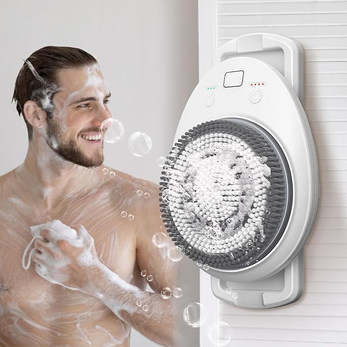 Wall Mounted Exfoliating Brush, 360° Autorotation Electric Shower Brush, with Four Deep Cleansing Heads, 3-Speed Adjustment, Ai Smart Electric Back Scrubber for Shower Wall