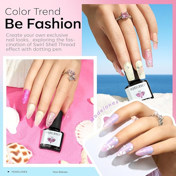 modelones Pearl Gel Nail Polish Set, 6 Colors Ocean Shimmer White Hot Pink Purple Blue Green Mermaid Glitter Gel Polish Soak Off Nail Drawing Nail Gel Polish Swirl Shell Thread Effect DIY Gift