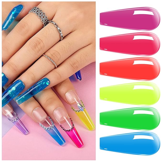 Vishine Jelly Crystal Gel Nail Polish Set Summer-6 Colors Neon Blue Green Yellow Orange Hot Pink Fuchsia Rainbow Neon Gel Polish Kit See Through Nail Trend Gel Nail Art Kit 8ml