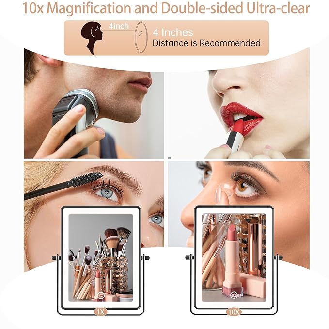 FASCINATE Rechargeable Wall Mounted Makeup Mirror, Bathroom Mirror Rectangle 8.7 Inch Double Sided 1X 10X Magnifying, 3 Color Setting, Extended Arm 360° Swivel Foldable Black