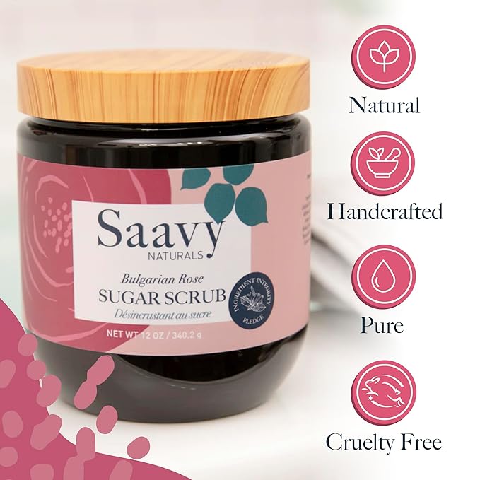 Saavy Naturals Bulgarian Rose Sugar Scrub Pack, Relaxing Rose Scented Body Sugar Scrub Exfoliator, Vegan Organic Body Scrub with Vitamin E, and More, Luxe Rose Scrub Gift Set-2 PACK
