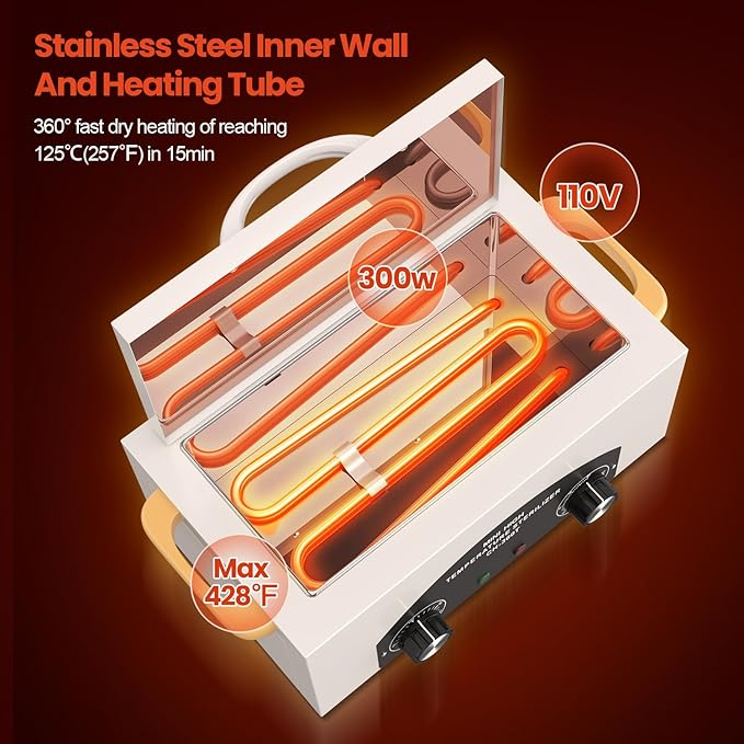 High Temperature Metal Tool Cleaner Machine, 2L Dry Heat Cleaning Box with Temperature & Time Setting, Cleaning Cabinet with Handle, for Beauty Salon, Barber Shop, Lab, Dental, Home, Restaurant, White