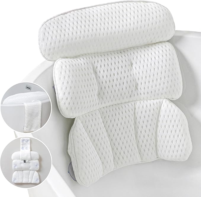 Bath Pillow Bathtub Pillow for Tub Luxury Bath Tub Pillows for Tub Neck and Back Support with 4D Air Mesh Fabric and 8 Strong Powerfull Non-Slip Suction Cups Relaxing Bath Accessories Spa Gifts, White