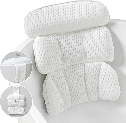 Bath Pillow Bathtub Pillow for Tub Luxury Bath Tub Pillows for Tub Neck and Back Support with 4D Air Mesh Fabric and 8 Strong Powerfull Non-Slip Suction Cups Relaxing Bath Accessories Spa Gifts, White