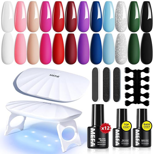 MEFA 19 Pcs Gel Nail Polish Kit with U V Light, 12 Colors All Seasons Nude Milky White Soak Off Gel Polish Nail Set with Base Top Coat Essential Manicure Beginners Salon Gifts for Women