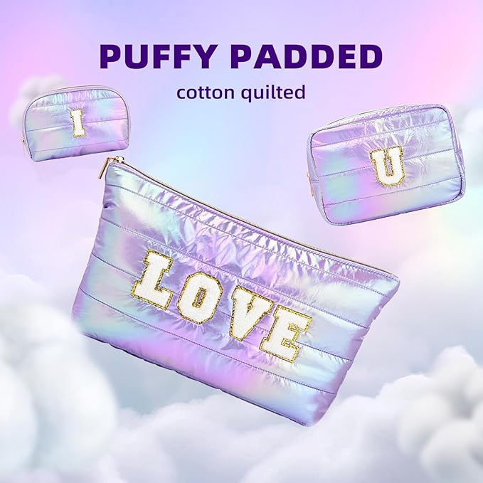 Hiroyuki 3pcs Iridescent Quilted Makeup Bag (ILOVEU, purple)