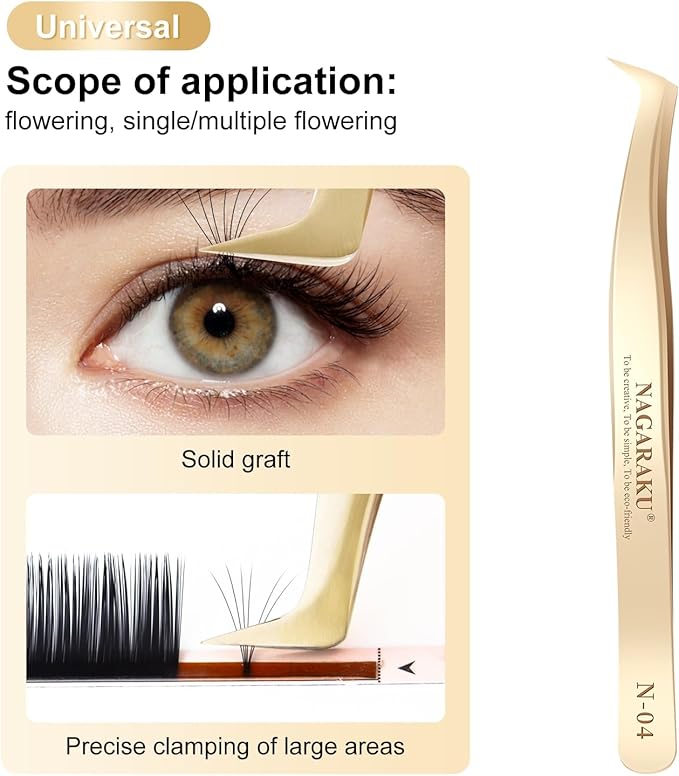 NAGARAKU Tweezers for Eyelash Extensions Gold Curved Angled Volume Cluster Eyelashes easy Fanning Premade Fans Tweezers Stainless Steel Precision Light （N-04）