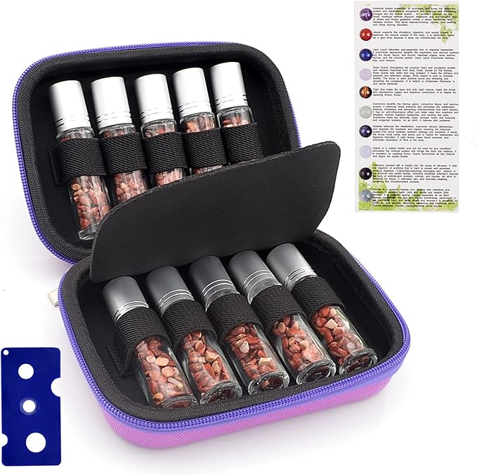 Essential Oil Roller Bottle 10ml w EVA Carrying Travel Case（Clear Glass Bottle with silver Cap、10pack、Gemstone Roller Balls、Healing Crystal Chips Inside、Opener)Gemstone Roller Ball Bottles