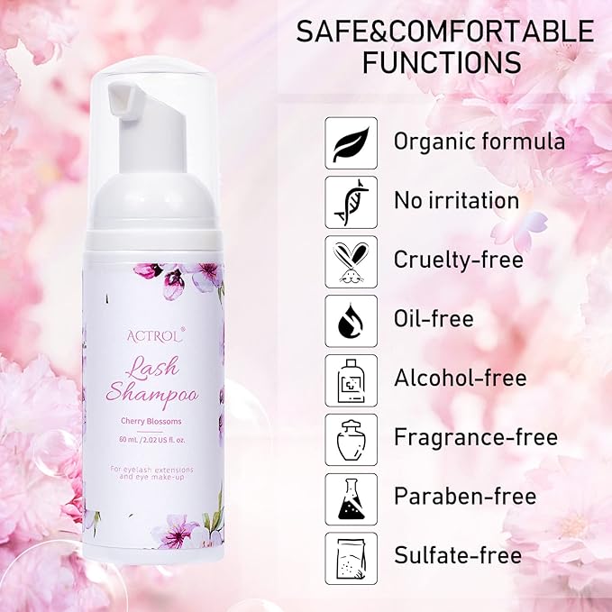 Eyelash Extension Cleanser 60ML Natural Lash Extension Shampoo Cherry Blossom Professional Eyelid Foaming Cleanser Paraben & Sulfate Free Non-lrritating with Salon and Home Care