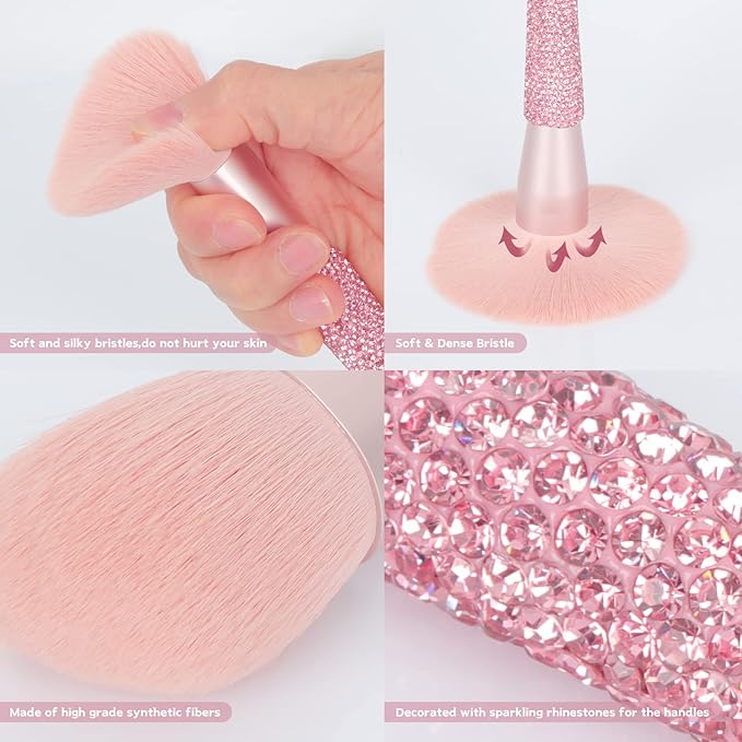 Professional Makeup Brushes Set 11PCS Bling Rhinestone Face Cosmetics Blending Liquid Foundation Powder Concealer Eye Shadows Make Up Beauty Tool Glitter (Pink)
