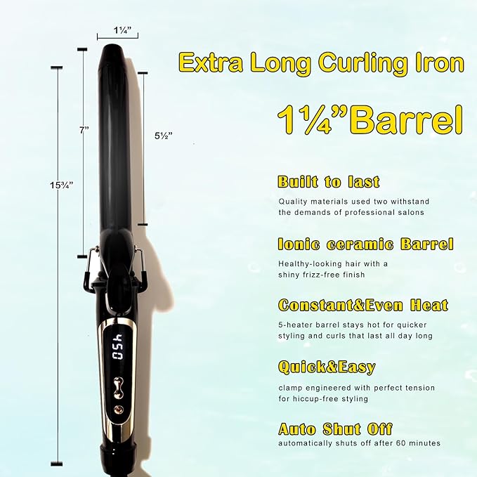 abp 1.25 Inch Curling Iron Extra Long Barrel with Ceramic Coating for Long/Medium Hair,1 1/4 INCH LCD Display Instant Heat up to 450°F with clamp,Hair Style Tool Girls & Women