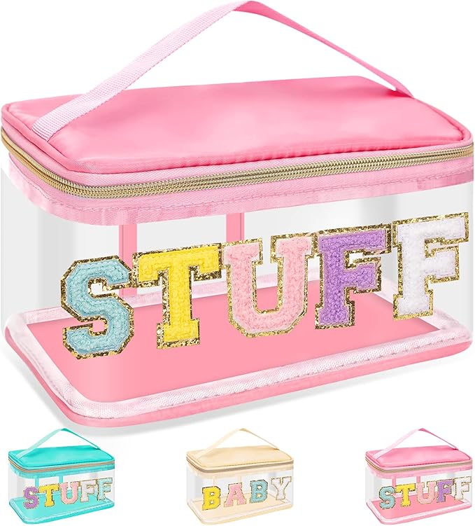 Chenille Letter Clear Makeup Bags Stuff Pouch, Preppy Patch Makeup Bag Zipper with Handle, Transparent PVC & Nylon Waterproof Glitter Cosmetic Handbag Travel Toiletry Storage for Women (STUFF-Pink)