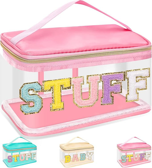 Chenille Letter Clear Makeup Bags Stuff Pouch, Preppy Patch Makeup Bag Zipper with Handle, Transparent PVC & Nylon Waterproof Glitter Cosmetic Handbag Travel Toiletry Storage for Women (STUFF-Pink)