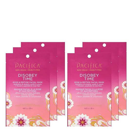 Pacifica Disobey Time Anti-Aging Facial Sheet Mask 6-Pack – Hydrating Rose & Peptide Mask for Dry Skin, Infused with Hyaluronic Acid & Green Tea, Fights Fine Lines, Vegan & Cruelty-Free