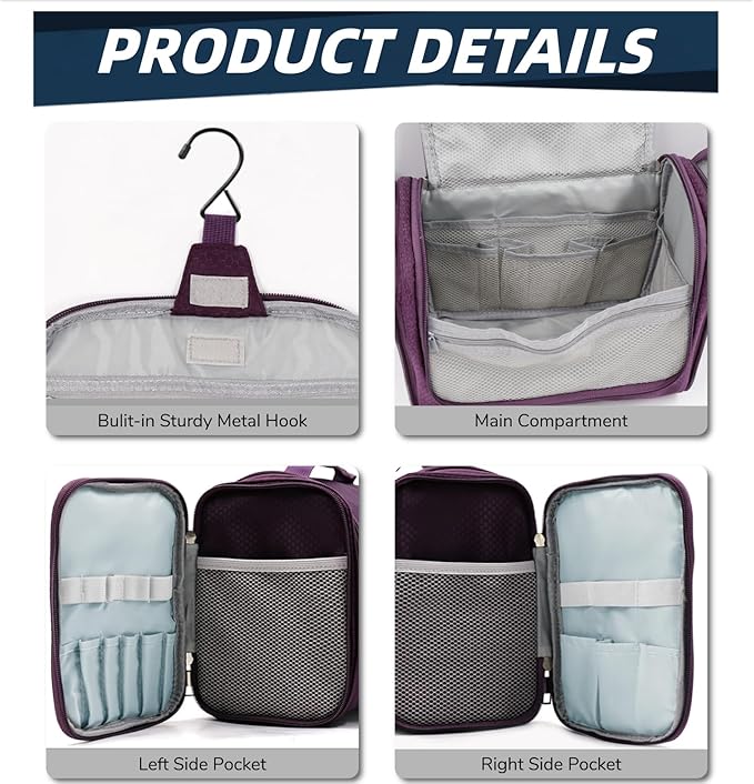 Buruis Large Capacity Toiletry Bag for Women and Men, Hanging Toiletry Organizer Cosmetics Makeup Bag, Water-resistant Dopp Kit Shaving Bags for Full Sized Toiletries, Travel Essentials (Purple)