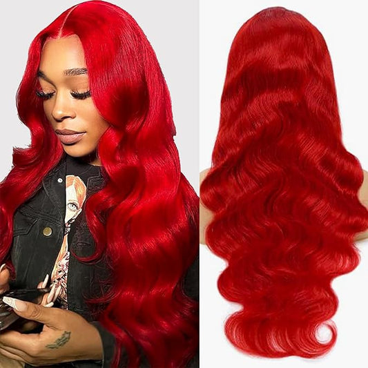 34 Inch Red Lace Front Wigs Human Hair Burgundy Red Body Wave Wig 13x6 Hd Lace Frontal Wig Human Hair Pre Plucked with Baby Hair 180% Density Wear and Go Glueless Wigs for Women