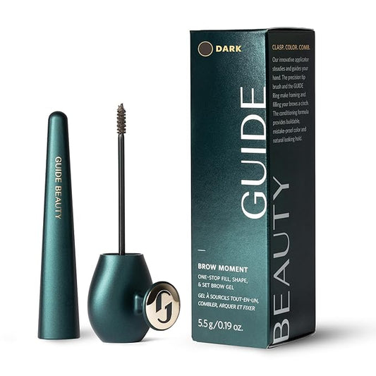 GUIDE Beauty Brow Moment, One-Stop Brow Gel with a Fine Tip Brush to Expertly Fill, Shape & Set Brows, Patented GUIDE Ring for an Easy, Secure Hold (Dark)