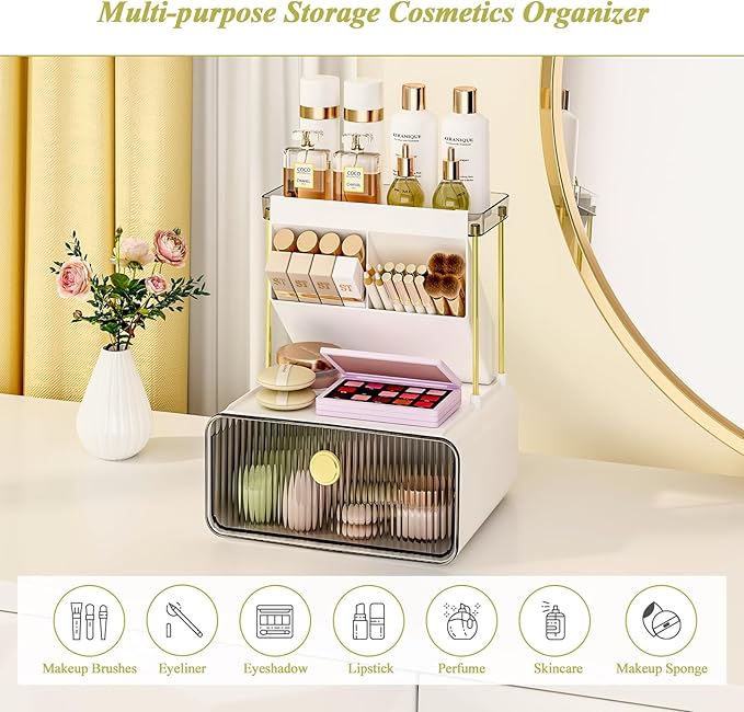 Makeup Organizer with Storage Drawer,Cosmetic Display with Lipsticks Brush Holder Perfume Tray,Organize Cosmetics and Beauty Supplies for Vanity,Dresser,Bathroom,Desktop Organizer,Smoky Gray