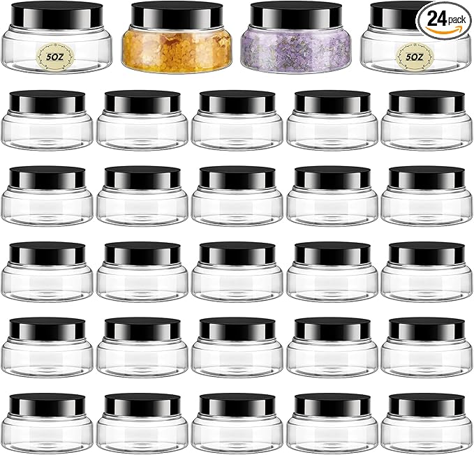 Tessco 24 Pack Plastic Jars with Lids Labels Empty Clear Plastic Jars Round Refillable Cosmetic Containers Body Butter Containers Bulk Sugar Scrub Bottle for Make Up(5 oz,Clear, Black)
