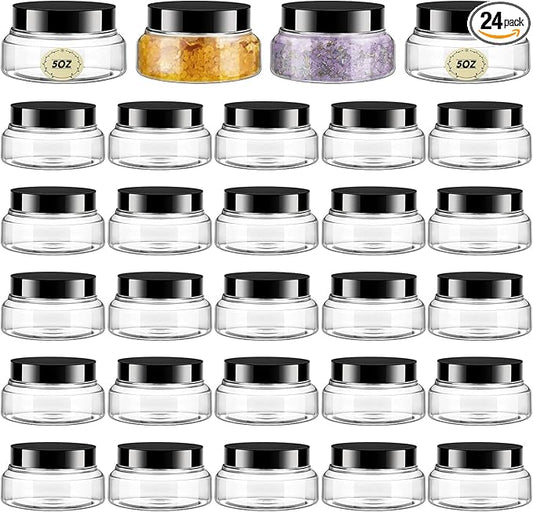 Tessco 24 Pack Plastic Jars with Lids Labels Empty Clear Plastic Jars Round Refillable Cosmetic Containers Body Butter Containers Bulk Sugar Scrub Bottle for Make Up(5 oz,Clear, Black)