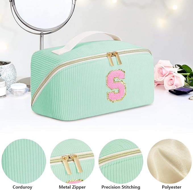 Gifts for Girls, Initial Travel Makeup Bag Women's Day Gift Make up Bag Cosmetic Bags Monther's Day Gifts, Personalized Stuff Bag Cute Makeup Bag Birthday Gifts for Women/Friend/Mother Green - U