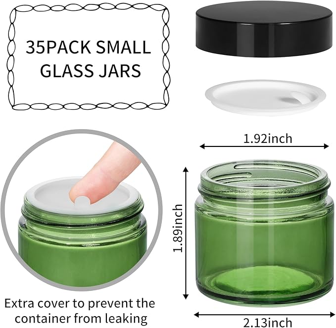 KEYWING 2oz Green Small Glass Jars with Black Lids, 35 Pack Empty Glass Cosmetic Jars with Inner Liners for Lotions, Cream, Powders and Ointments