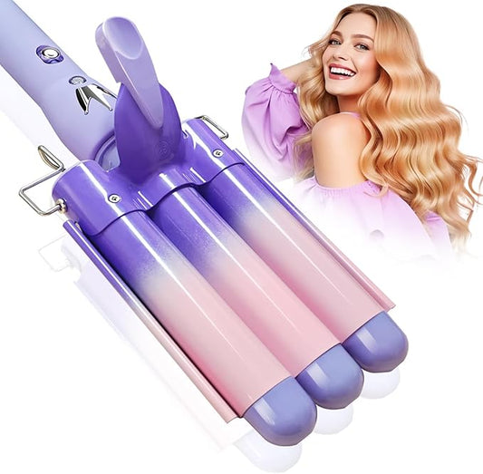 3 Barrel Curling Iron Hair Crimper: Aleath Dual Voltage Adjustable Temperature Three Barrels Hair Waver - Ceramic 1 inch Curler Wand（Purple）