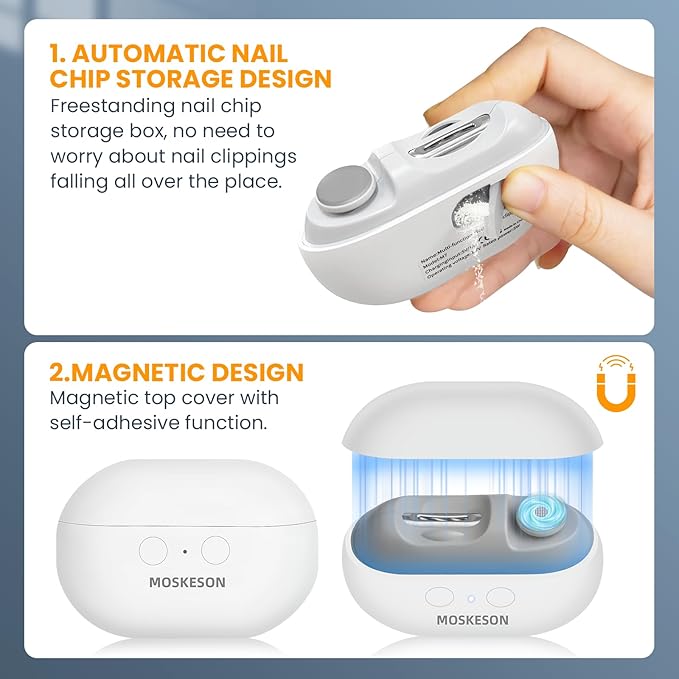 Electric Nail Clipper: 3-in-1 Automatic Fingernail Trimmer, Polisher & Clip Storage with LED Light, USB Rechargeable & 2 Speed Gears Automatic Safety Nails Cutter for Baby Kids Adult Seniors (White)