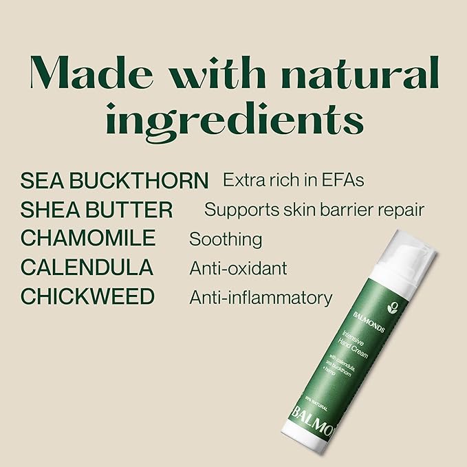 Balmonds - Intensive Hand Cream - 1.8oz. (50ml) - 100% Natural Hand Lotion For Dry Hands - Fragrance Free - Vegan & Cruelty Free - All Skin Types