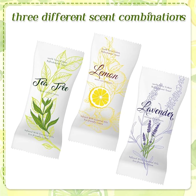 240 Pcs Moist Cotton Towel Moist Towelettes Individually Wrapped Scent Disposable Face Towel 8.6'' x 8.6'' Hot/Cold Moistened Cleansing Wipes, Lemon Tea Tree and Lavender Scent (White)
