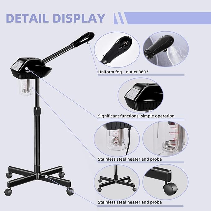 Professional Facial Steamer, Face Steamer on Wheels, Esthetician Beauty Face Equipment with More Steam for Clean Skin and Moisturizes, Adjustable Height and Angle for Beauty, Spa and Home Use（Black）