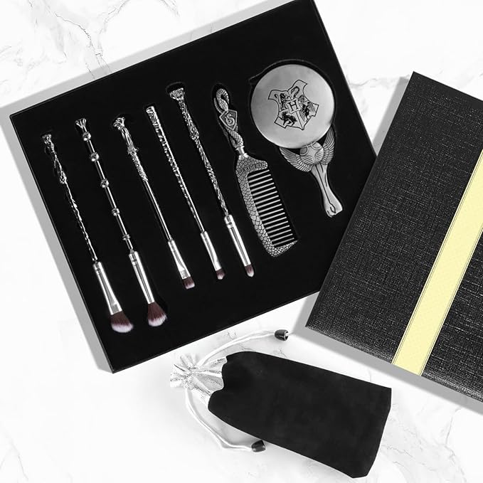 Harry Makeup Brushes Gifts Set for Women, Potter Makeup Brushes with Mirror & Comb, Christmas Birthday Gifts for Kids, Silver