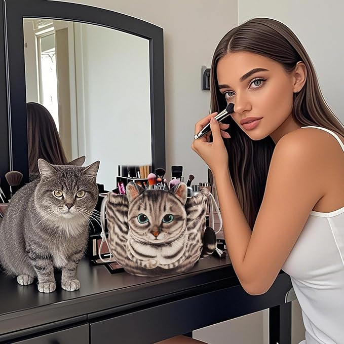Openhaha Drawstring Travel Organizer, Cosmetic Pouch - Cat Gift, Lay Flat Makeup Bag Gifts for Cat Lovers