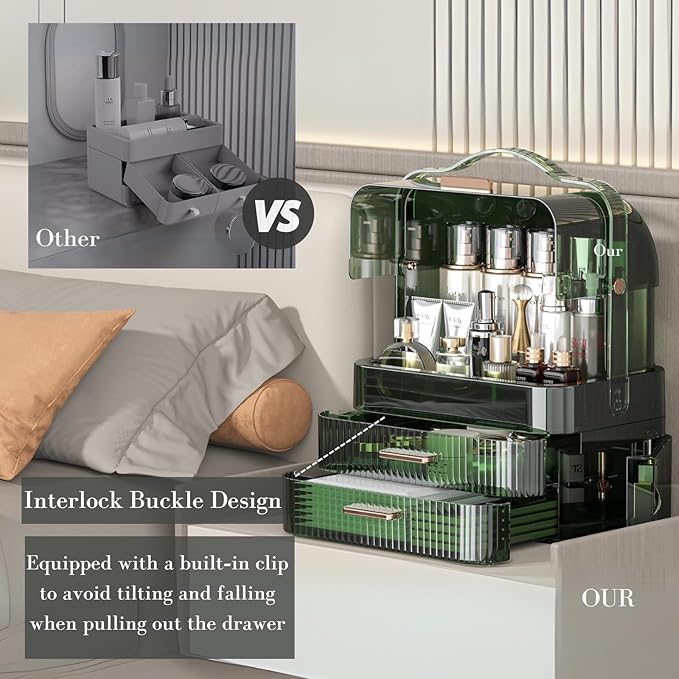 LINFIDITE Cosmetics Storage Box Transparent Lid Large Makeup Organizer Box Drawers Portable Handle Waterproof Dustproof Skincare Display Cases for Countertop, Bathroom, Dresser,Gift Clear Green