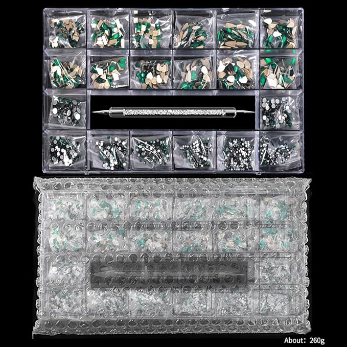 3100Pcs Nail Crystal Rhinestones Kit, Mix Shapes AB Glass, 3D Diamonds Flatback Crystals, with a Drill Pen, Nail Crystal Non Hotfix, Nail Art Decoration (Green)