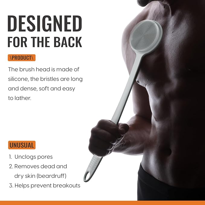 Silicone Back Scrubber for Shower, 17in Lengthen Long Handle Body Brush, Double Sided Shower Brush for Shower Exfoliating and Massage Can Produce Rich Foam, Long Handle Back Scrubber for Men