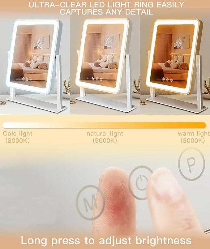 2025 Lighted Makeup Mirror, Hollywood Vanity Mirror with Lights, 3 Color Lighting Modes, 360° Rotation, Hd Glass Mirror, and 10X Magnification Mirror, Smart Touch Control for Home & Travel (White)