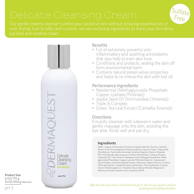 DermaQuest Sensitized Delicate Cleansing Cream - Gentle Facial Cleanser Face Wash - Infused with Green Tea Extract & Jojoba Oil - For Sensitive, Extremely Dry Skin Types (6oz)