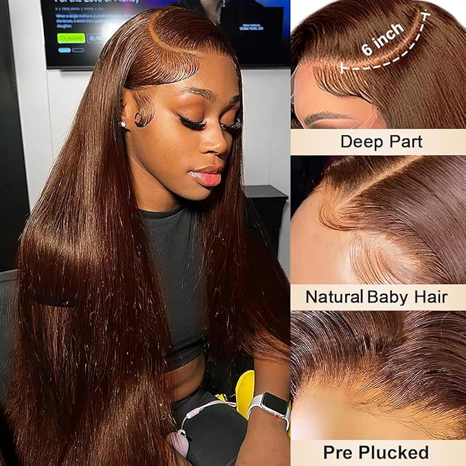 30 Inch Chocolate Brown Lace Front Wig 13x6 Straight Lace Front Wigs Human Hair Pre Plucked 200% Density Colored #4 Brown Wig Human Hair Glueless HD Transparent Lace Frontal Wigs for Women