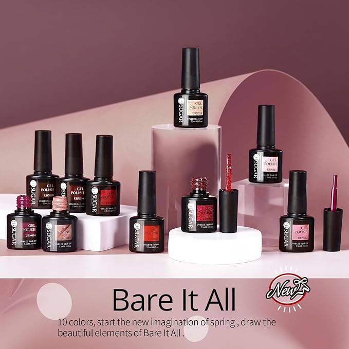 UR SUGAR Gel Nail Polish, 10 Colours Valentine's Purple Red Brown Light Pink Red Rose Gold Glitter Gel Polish Sets Soak Off Gel Nail Varnish Gifts for Women DIY Home
