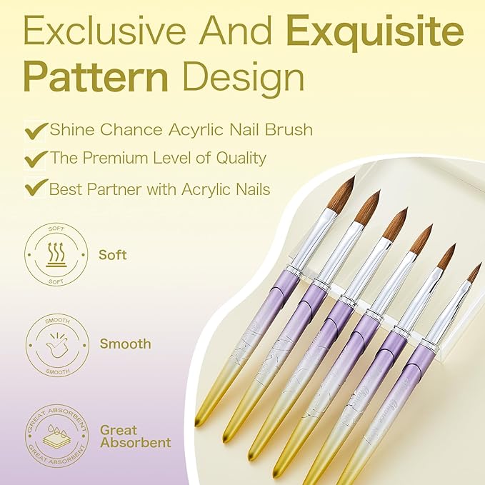 6Pcs Acrylic Nail Brushes Set, Kolinsky Acrylic Nail Art Brush, Art Design & Polish Mistake Cleaning Manicure Tools for Women Acrylic Application (Size 2 6 8 12 14 16), Yellow