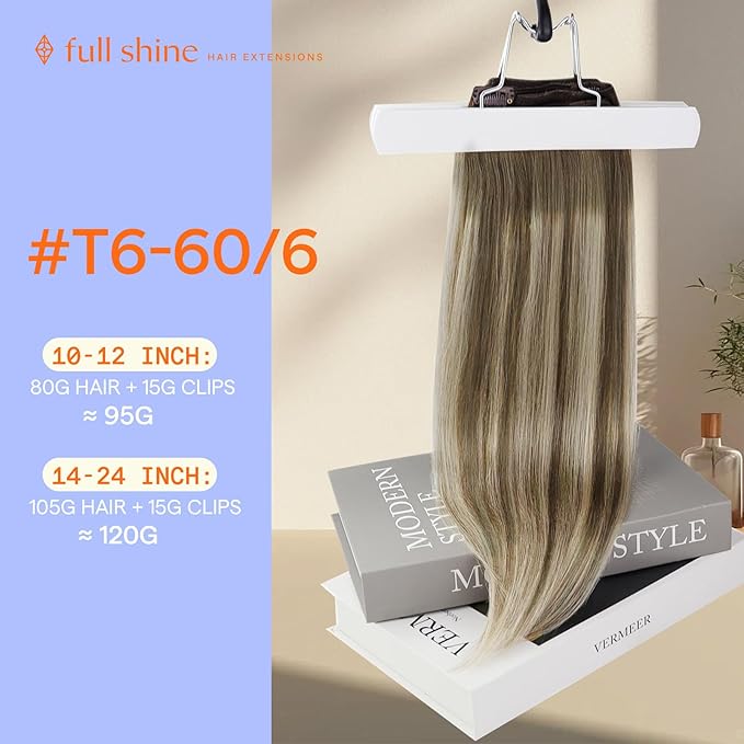 Full Shine Remy Clip in Hair Extensions Chestnut Brown to Blonde Highlights 6/60/6 Real Hair Clip in Extensions 7 Pcs Double Weft Human Hair Extension 16 Inch 120 G