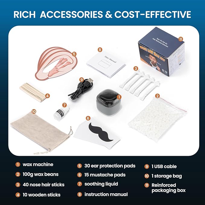 Nose Wax Kit Men, Nose Ear Hair Waxing Kit with 100g Wax, 40 Sticks, Ear Hair Removal for Men, USB Fast Heat, Smart Constant Temp, Upgraded Size, Multi-Accessories, Gray
