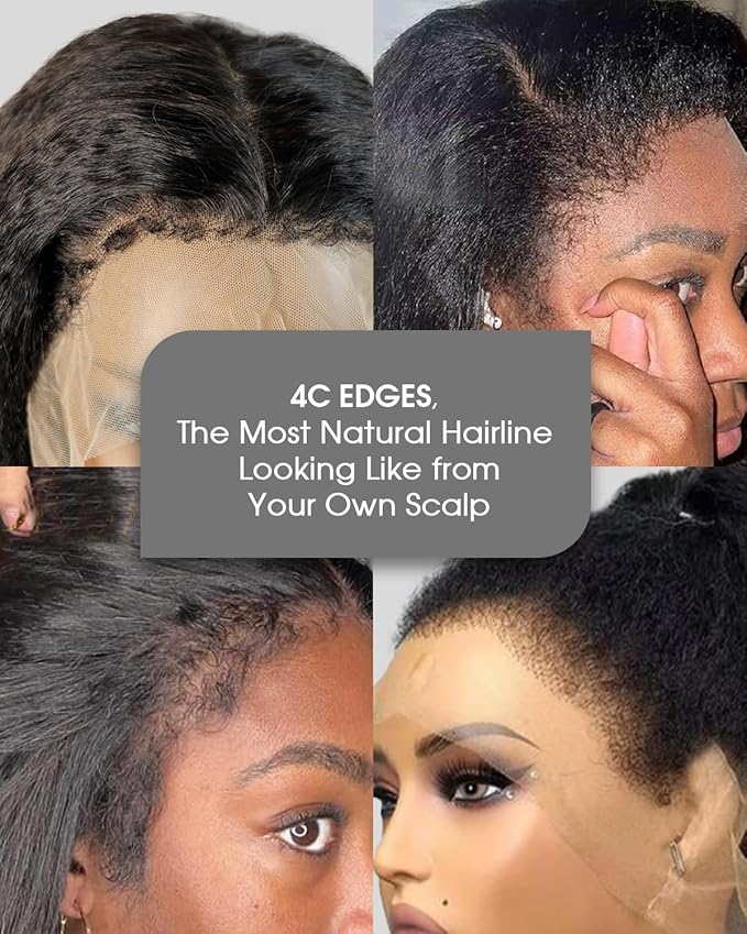 4C Edges HD Lace Front Wig Human Hair Kinky Stairght, 13x4 Lace Frontal Kinkystraight Wigs with Kinky Edges Hairline Pre-Plucked 180% Density 28 inch