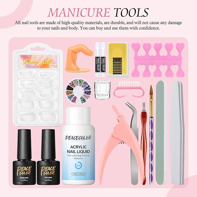 Acrylic Nail Kit for Beginner Professional Nail Kit Acrylic Set with Nail Lamp 12Pcs Glitter Powder Nail Art Rhinestones Base Top Coat 100PCs Nail Tip Nail Tools DIY Home Salon